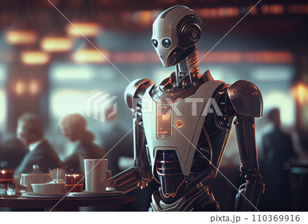 3d illustration robotic technology as waiter in modern restaurant. 110369916
