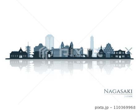 Nagasaki skyline silhouette with reflection.  Nagasaki skyline silhouette with reflection.  110369968