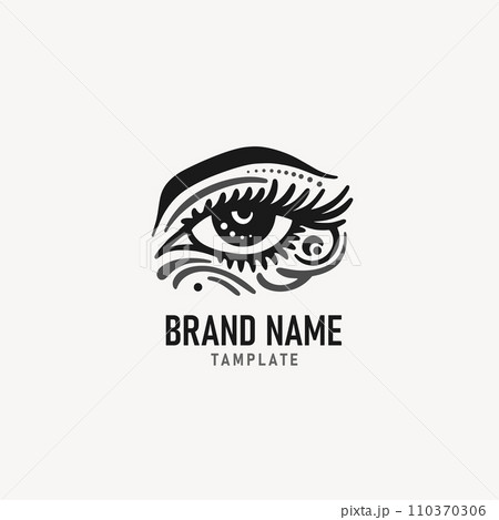 Female eye with lashes and art make-up. Makeup master logo. For beauty salon, brow master. Woman eye logo. Female eye with lashes and art make-up. Makeup master logo. For beauty salon, brow master. Woman eye logo. 110370306