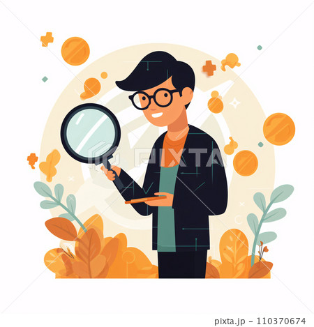 Modern Teenager Detective, Minimal Flat Vector Icon with Magnifying Glass and Cash 110370674