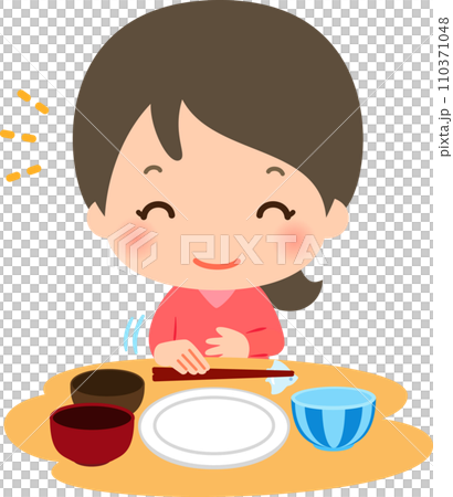 食事を終えて箸を置く笑顔の女性 食事を終えて箸を置く笑顔の女性 110371048