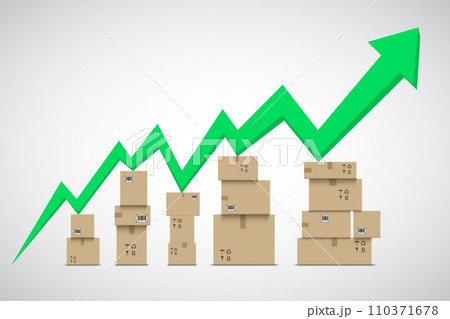 Stacks of cardboard boxes under growing arrow Stacks of cardboard boxes under growing arrow 110371678
