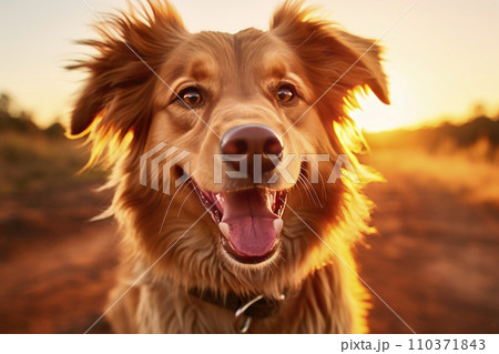 Happy dog on a field at sunset during walk in nature 110371843