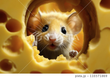 Cute funny rodent looking out of hole in a cheese Cute funny rodent looking out of hole in a cheese 110371869