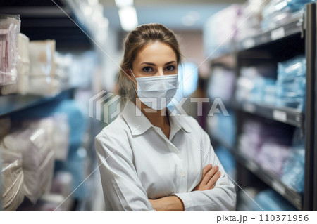 Woman shopassistant wearing protective mask in a supermarket 110371956