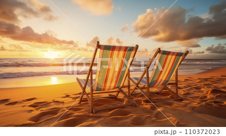 Chairs on the sandy beach near the sea on sunset 110372023