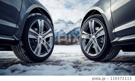 Two cars stopped on the roadside with a winter landscape 110372113