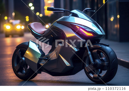 A futuristic electric motorcycle parked on a modern a public square 110372116