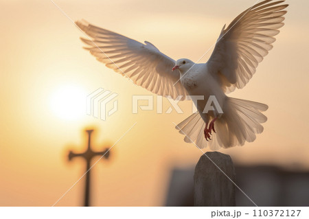 White dove flying next to a cross with sun rays 110372127