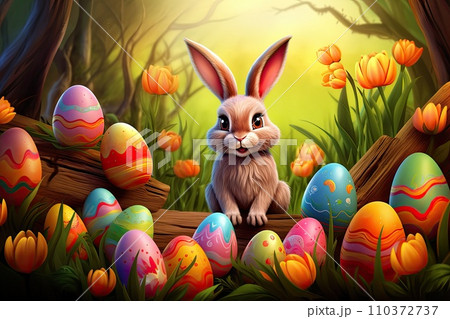 AI-generated content. cute easter bunny and colorful eggs holiday design illustration 110372737