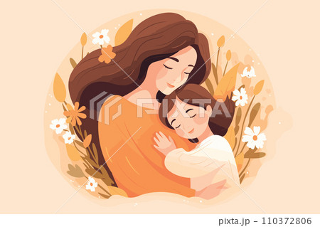 AI-generated content. mother hug little child floral vector illustration 110372806