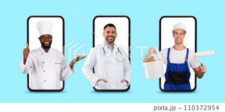 Group of happy men working in different spheres peeping out smartphone screens 110372954
