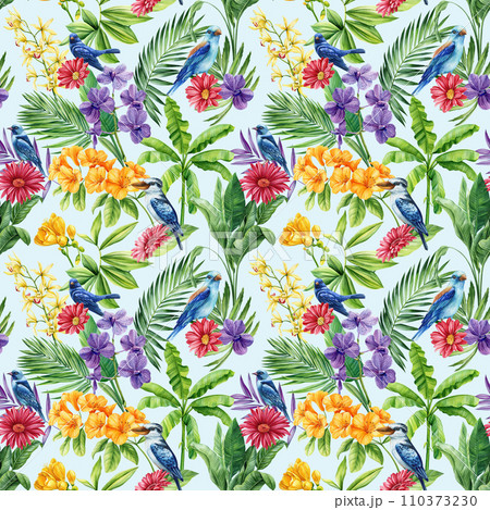 Seamless pattern Flowers, palm leaves and birds. Watercolor Tropical floral background. Wallpaper design, exotic plant  110373230