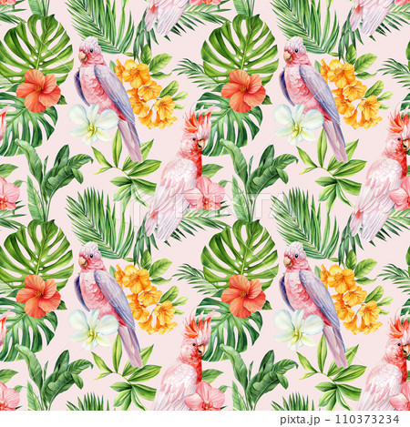 Seamless pattern Flowers, palm leaves, parrot bird. Watercolor Tropical floral pink background. Wallpaper design 110373234