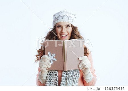 smiling stylish female in sweater, mittens, hat and scarf 110373455