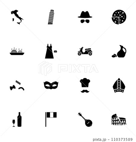 Italian icon - Expand to any size - Change to any colour. Perfect Flat Vector Contains such Icons as venice, mask, carnival, pasta, mafia, delicatessen, map, scooter, pisa, coliseum, food, wine, oil 110373589