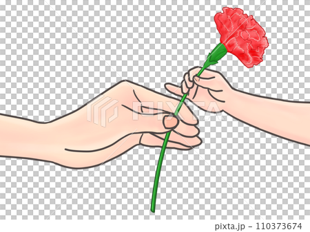 母の日　赤い一輪のカーネーションの花を子から母へ手渡すシーン 110373674
