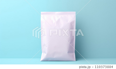 A mock-up of an empty white paper bag with a zipper, highlighted on a blue background 110373884