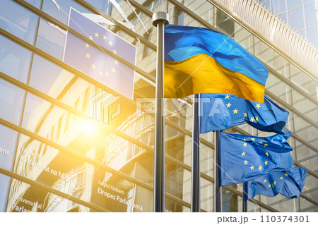 Flags of Ukraine and European Union 110374301