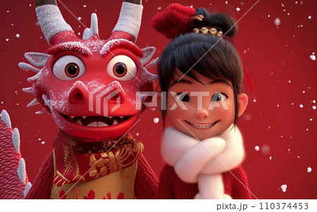 A cute Chinese red dragon and a little Chinese girl on a red background, welcoming the New Year 110374453