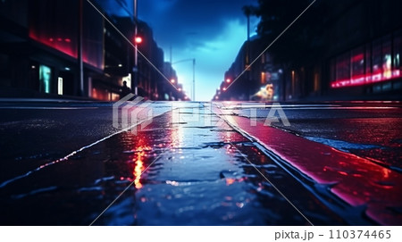 Dark street, reflection of neon light on wet asphalt. Rays of light and red laser light in the dark. Night view background Dark street, reflection of neon light on wet asphalt. Rays of light and red laser light in the dark. Night view background 110374465