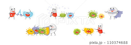 Antibiotic Pill Character Fight Bacteria and Virus Vector Set Antibiotic Pill Character Fight Bacteria and Virus Vector Set 110374688
