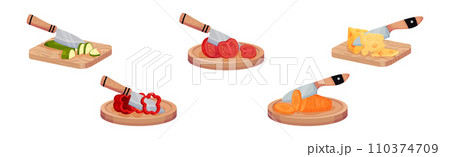 Knife Cut Vegetables on Chopping Board as Kitchen Utensil for Cooking Vector Set Knife Cut Vegetables on Chopping Board as Kitchen Utensil for Cooking Vector Set 110374709