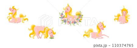 Pink Unicorn with Slender Legs and Golden Mane Vector Set Pink Unicorn with Slender Legs and Golden Mane Vector Set 110374765