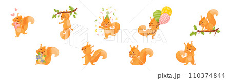 Cute Squirrel Character with Bushy Tail Engaged in Different Activity Vector Set 110374844