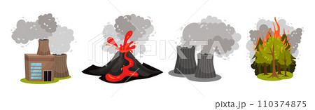 Air Pollution Sources with Industrial Fume and Toxic Waste Emission Vector Scene Set 110374875