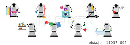 Robot Doing Housework Cleaning and Housekeeping Vector Set Robot Doing Housework Cleaning and Housekeeping Vector Set 110374895