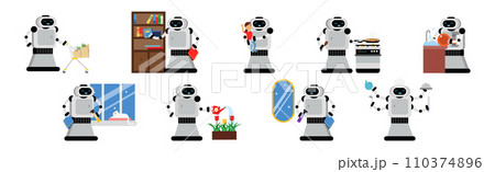 Robot Doing Housework Cleaning and Housekeeping Vector Set 110374896