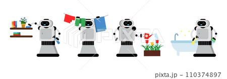 Robot Doing Housework Cleaning and Housekeeping Vector Set 110374897