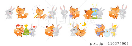 Lovely Little Fox and Bunny Cub Having Fun Together Vector Set 110374905