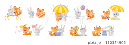 Lovely Little Fox and Bunny Cub Having Fun Together Vector Set Lovely Little Fox and Bunny Cub Having Fun Together Vector Set 110374906