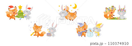 Lovely Little Fox and Bunny Cub Having Fun Together Vector Set 110374910