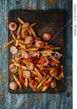 currywurst and chips on a chopping board 110374941