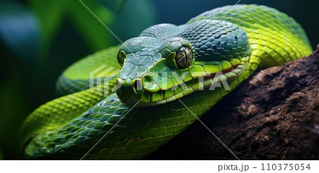 Green venomous snake on the tree 110375054