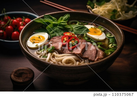 Pho Bo soup with meat and noodles 110375067
