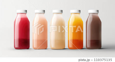 Glass bottles with juice and smoothies of different colors isolated on a white background Glass bottles with juice and smoothies of different colors isolated on a white background 110375135