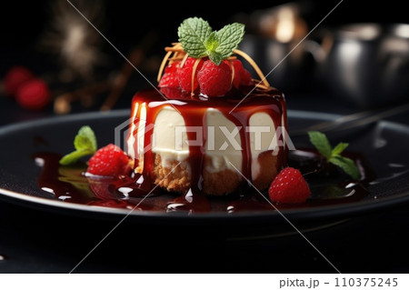 Dessert with cheesecakes decorated with strawberries 110375245