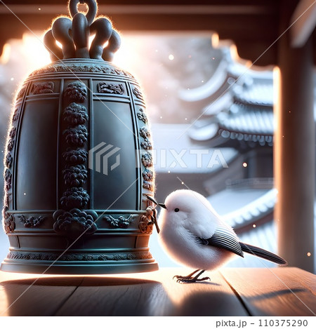 お寺で除夜の鐘をつつくシマエナガ[AI生成] 110375290