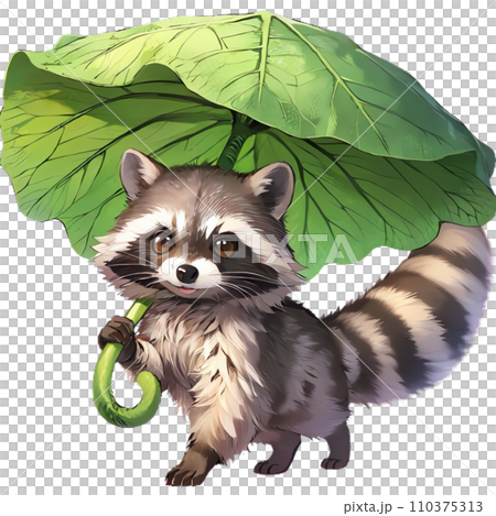 葉っぱ傘をさすアライグマ[AI生成] 110375313