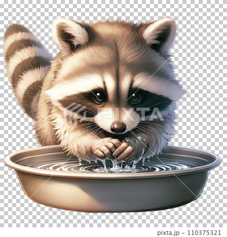 洗面器でしっかり手を洗うアライグマ[AI生成] 110375321