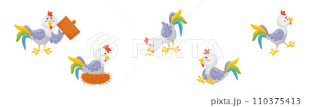 Funny Rooster or Cockerel Character in Different Pose Vector Set 110375413