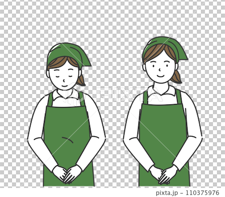 A female clerk in an apron bowing A female clerk in an apron bowing 110375976