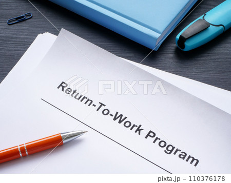 Papers with return-to-work program and pen. 110376178
