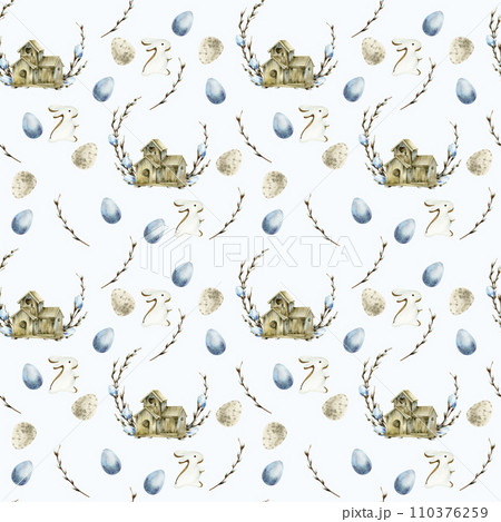 Watercolor spring floral Easter seamless pattern with wooden birdhouse, pale pastel eggs willow branches on white background. Cozy romantic background for textile, packing design Watercolor spring floral Easter seamless pattern with wooden birdhouse, pale pastel eggs willow branches on white background. Cozy romantic background for textile, packing design 110376259