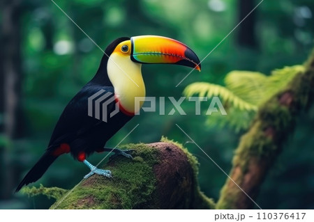 Toucan sits on a branch in the forest, green vegetation 110376417