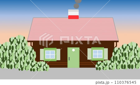 春の青空と赤い屋根の家のイラスト 春の青空と赤い屋根の家のイラスト 110376545